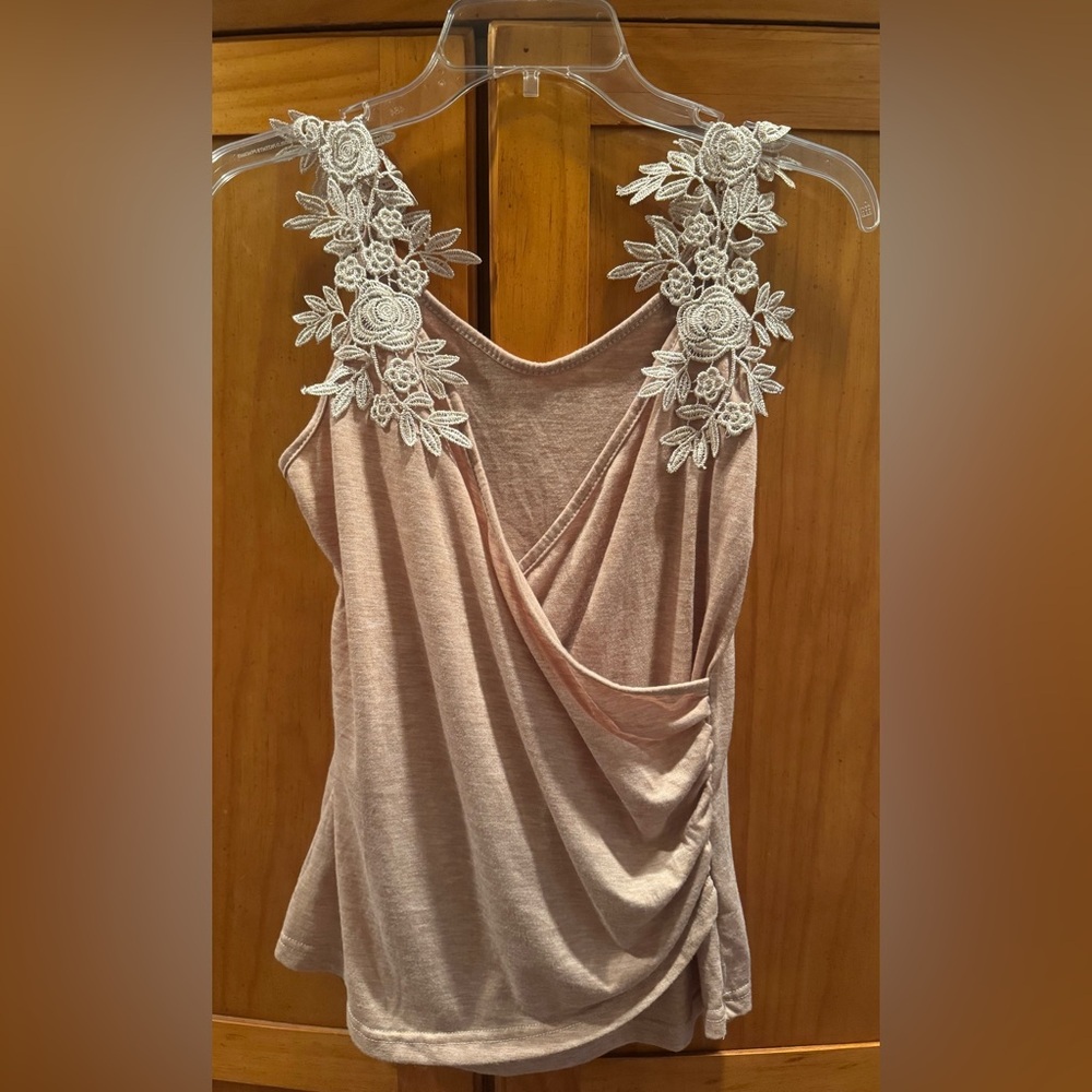 Heathered Mocha Faux Wrap Asymmetrical Floral Strap Embellished Sleeveless Top